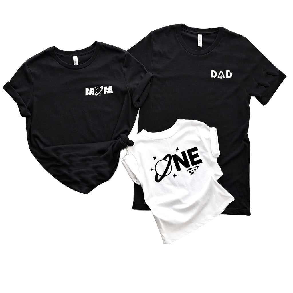 Baby boy Space Themed One First Birthday Party Mom and Dad and me Space Themed Shirts Women Mama Letter Printed T-Shirt Mama Graphic Tee Casual Short Sleeve Tops Tee Black