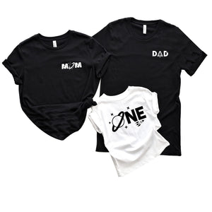 Baby boy Space Themed One First Birthday Party Mom and Dad and me Space Themed Shirts Women Mama Letter Printed T-Shirt Mama Graphic Tee Casual Short Sleeve Tops Tee Black