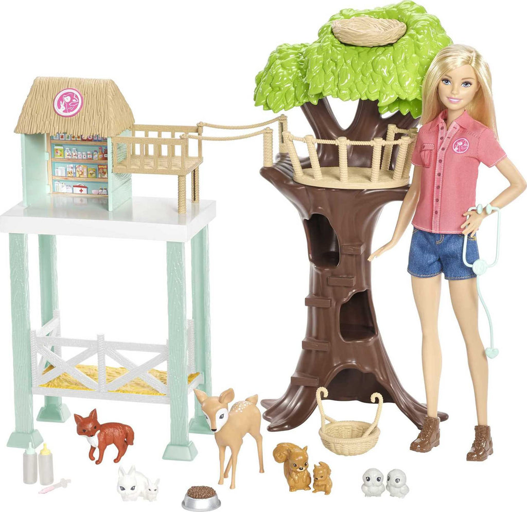 Barbie Vet Doll & Playset, Animal Rescuer Theme with 8 Wildlife Figures, Treehouse, Care Station, Rope Bridge & Accessories