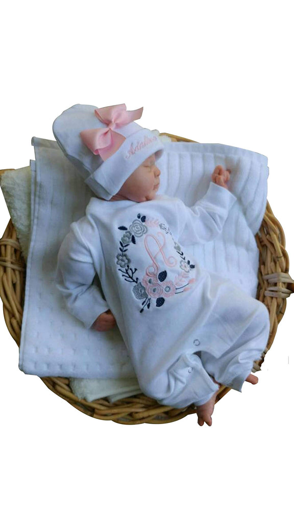 Theposhlayette Newborn Baby Girl Coming Home Outfit Floral Wreath Personalized Romper with Beanie Baby Shower Gifts White Pink 0 to 3 Months