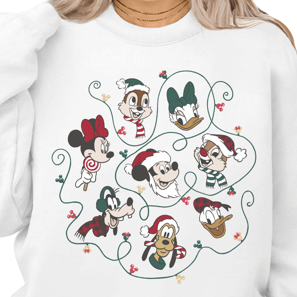 Mickey and Friends Christmas Lights Disneyland Sweatshirt, Family Matching Xmas Trip Crewneck, Disneyworld Christmas Vacation Hoodie Gift, Cartoon Characters New Year 2026 Sweater
