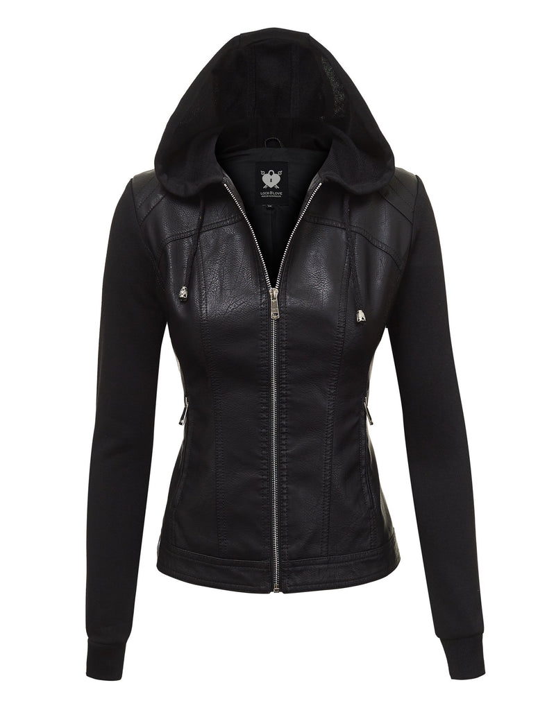 Lock and Love Women's Faux Leather Moto Biker Jacket Coat with Removable or Non-Removable Hood