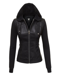 Lock and Love Women's Faux Leather Moto Biker Jacket Coat with Removable or Non-Removable Hood