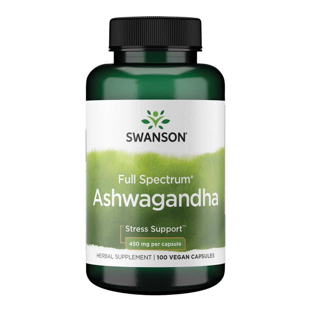 Swanson Ashwagandha Powder Supplement - Ashwagandha Root & Aerial Parts - Promotes Stress Relief & Energy - Ayurvedic Supplement for Natural Wellness (100 Capsules, 450mg Each)