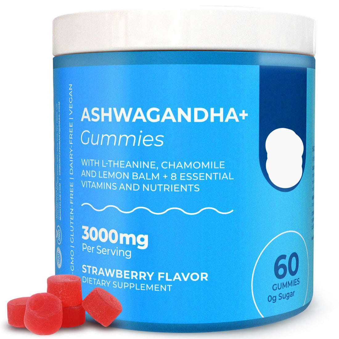 Blue container of Ashwagandha gummies with strawberry flavor on a white background