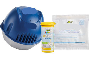 Blue and gray toy, yellow and white container, and white packaging with text on a white background