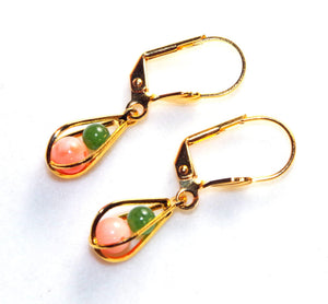 35th Anniversary Angel Skin Seed Coral & Jade Round Caged Teardrop 14k GF Leverback Earrings