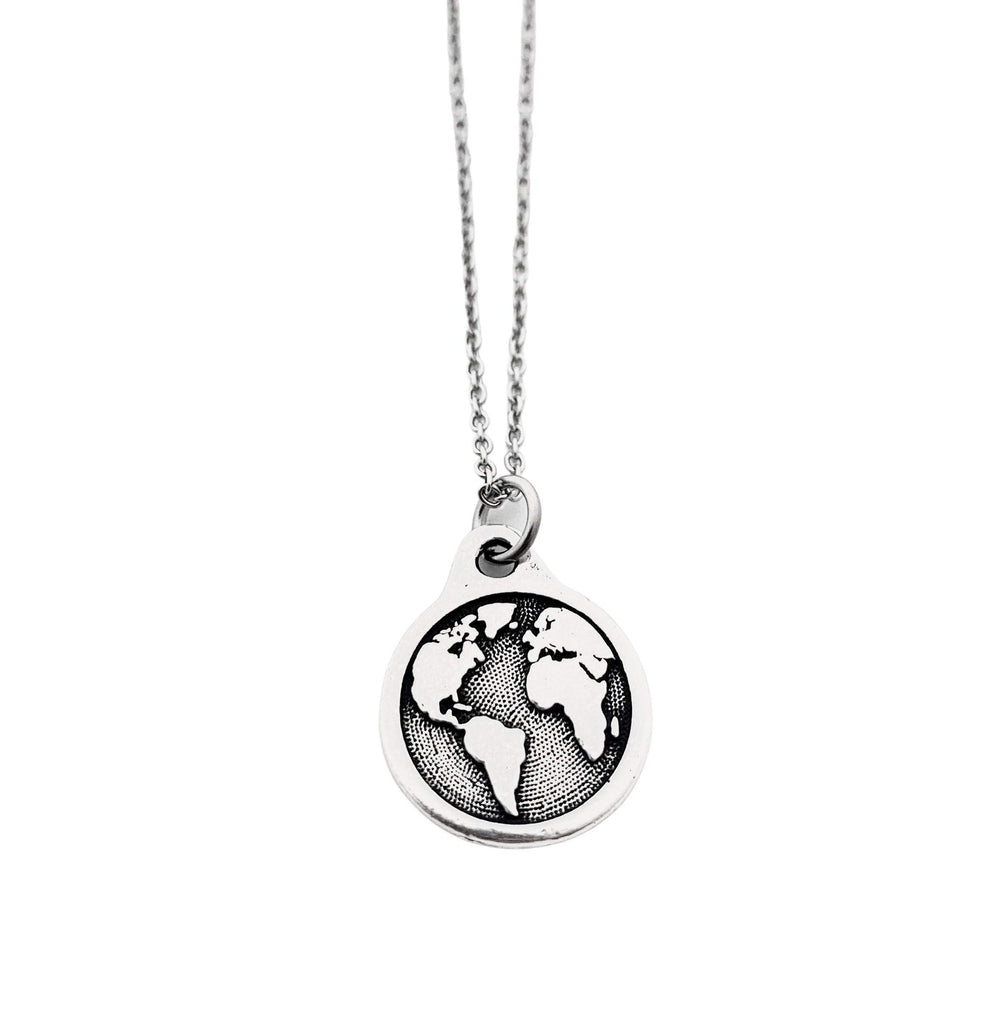 World Traveler Earth Necklace - Pewter World Earth Charm on 18 inch Stainless Steel Cable Chain