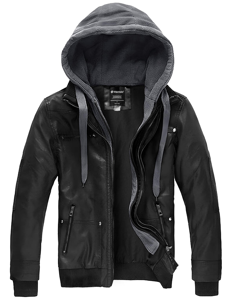 wantdo Men's Faux Leather Jacket with Removable Hood Motorcycle Jacket Casual Warm Winter Coat