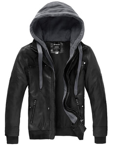 wantdo Men's Faux Leather Jacket with Removable Hood Motorcycle Jacket Casual Warm Winter Coat