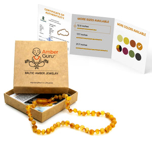 Amber Guru Baltic Amber Necklace (Authentic, Certified) - 12.5 inches - Unisex Jewelry - Honey (Raw/Unpolished) - Real Amber Beads - Proud to Deliver Genuine Baltic Sea Wonder Handcrafted