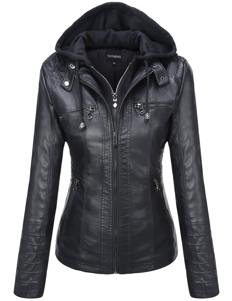 Tanming Womens Faux Leather Jacket Hooded Moto Biker Coat Outerwear Fall Fashion Outfits Winter Clothes