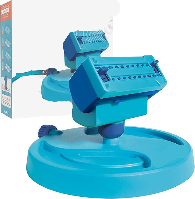 Blue oscillating sprinkler with Aquajoe branding on a white background