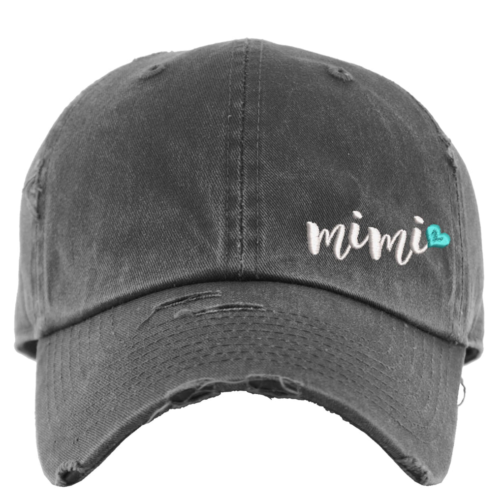 Sew Vivid Designs Mimi w/Heart Hat | Distressed Baseball Cap or Ponytail Hat | Personalize it! | Custom Embroidered Unisex Adult Cap - Dk Grey with Aqua Heart