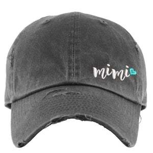Sew Vivid Designs Mimi w/Heart Hat | Distressed Baseball Cap or Ponytail Hat | Personalize it! | Custom Embroidered Unisex Adult Cap - Dk Grey with Aqua Heart