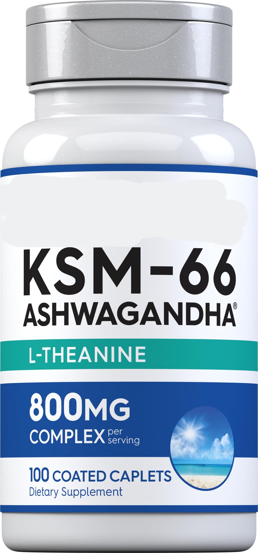 Calmfit KSM-66 Ashwagandha supplement bottle with blue and white label