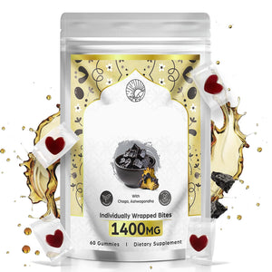 Shilajit dietary supplement package with decorative elements on a white background