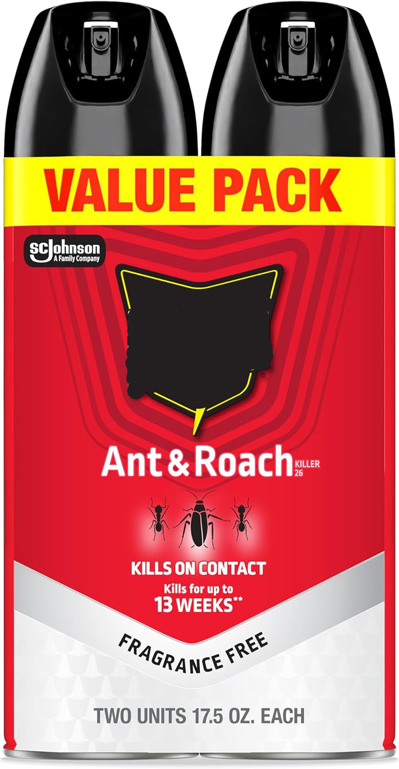 Two cans of Raid Ant & Roach Killer in a value pack on a red background.