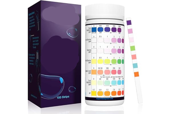 Pool and spa test strips with packaging on a white background