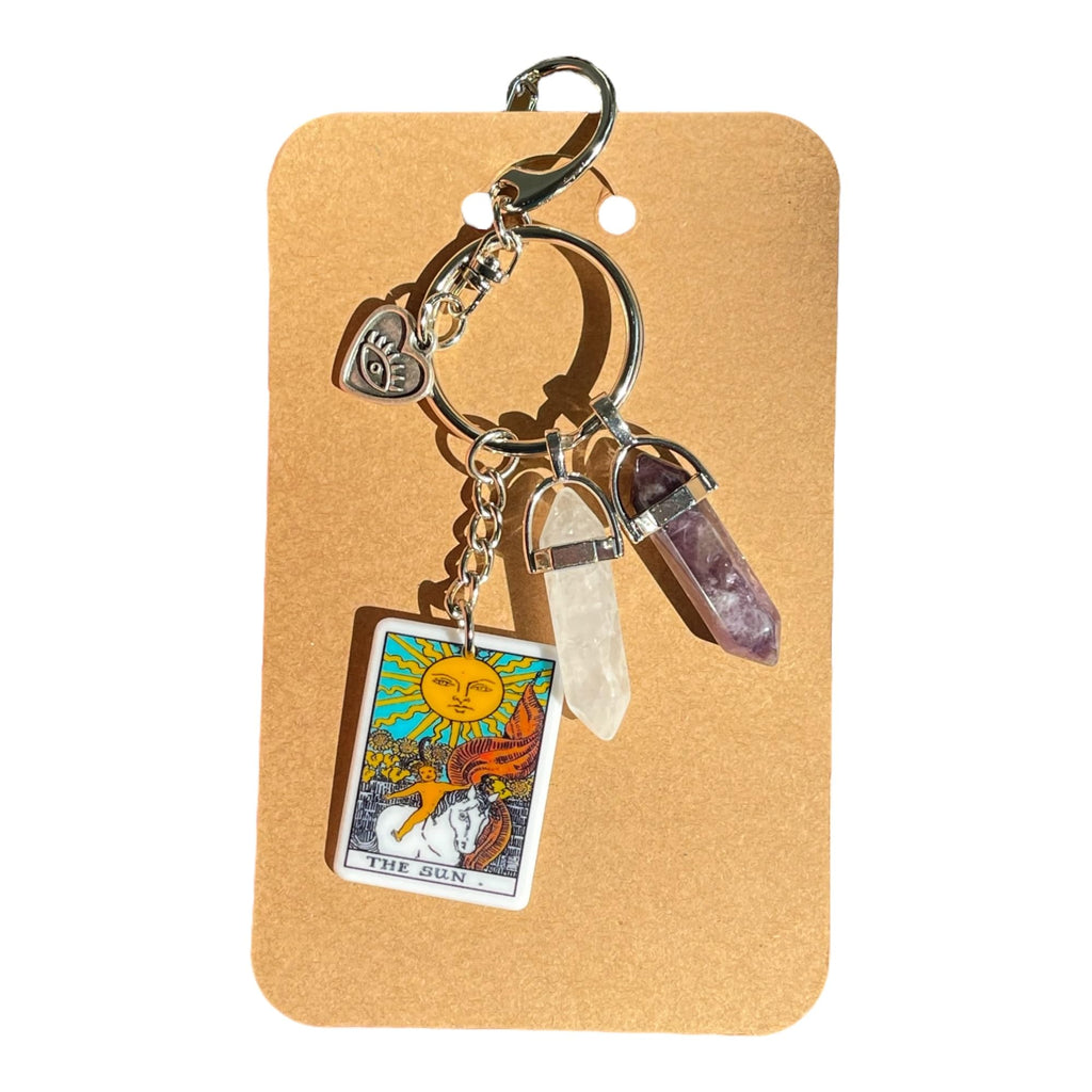 THE SUN Tarot Card Bag Charms, Keychains, Natural Stones, Joyful, Tranquility, Positive Energy Gifts, Unique Holiday Gift, Clear Quartz, Amethyst