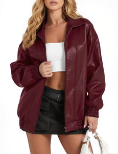 GraceSelect Women's Oversized Leather Jacket, Casual Soft Faux Leather Zip Motorcycle Coat With Pocket 2025 Fall Fashion
