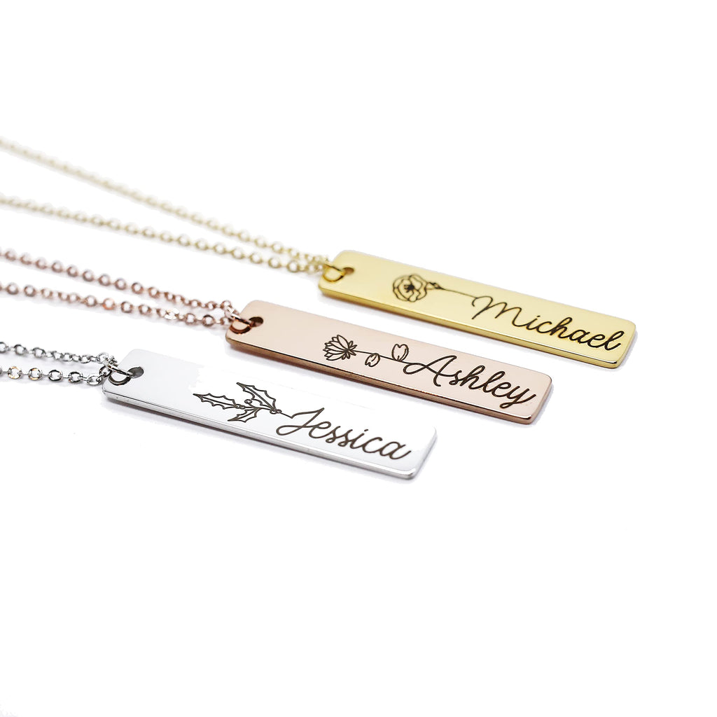 Personalized Flower Name Bar Pendant Necklace Custom Engraved Jewelry Gift for Her Couples Girlfriend Delicate Handcrafted Accessory Mother Daughter Ideal for Wedding Christmas Gift Idea