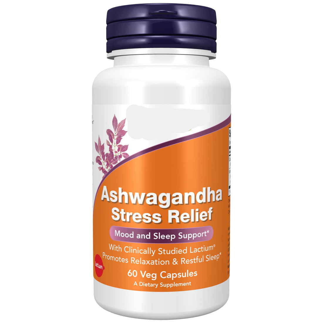 Supplement bottle labeled 'Ashwagandha Stress Relief' with NOW brand on a white background