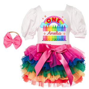 Rainbow Crayon Birthday Outfit for Girls, Colorful “One” Tutu Set with Name, 1st Birthday Dress with Bow Headband, Personalized Rainbow Party Outfit