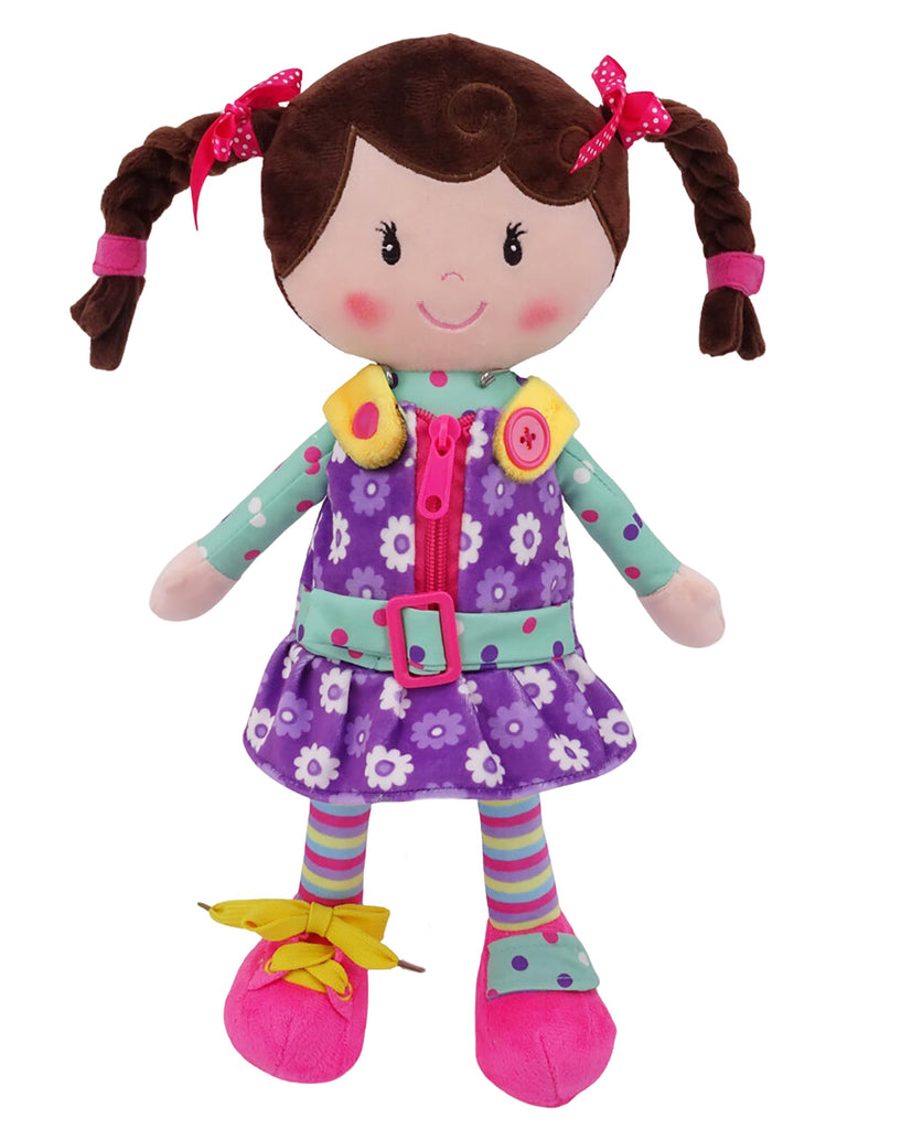 Sugar Snap Plush Doll for Toddlers Learn to Dress Montessori Toy - Dress Me Doll - Zipper, Snaps, Buttons, Buckle - Educational Toy for 2 3 Year Old Girl - Montessori Doll - 15" - Purple Dress