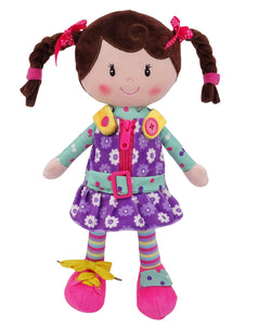 Sugar Snap Plush Doll for Toddlers Learn to Dress Montessori Toy - Dress Me Doll - Zipper, Snaps, Buttons, Buckle - Educational Toy for 2 3 Year Old Girl - Montessori Doll - 15" - Purple Dress