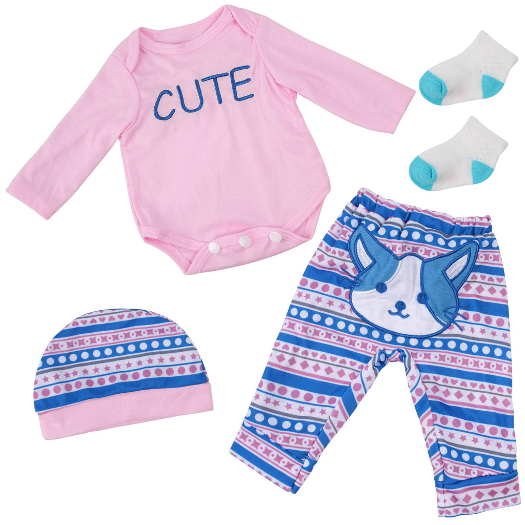 BABESIDE 4 Pcs Reborn Baby Doll Clothes Set for 17-22 Inch Babydolls, Cute Cat Pattern Baby Doll Accessories with Hat Socks for Realistic Baby Dolls Accessories, Pink