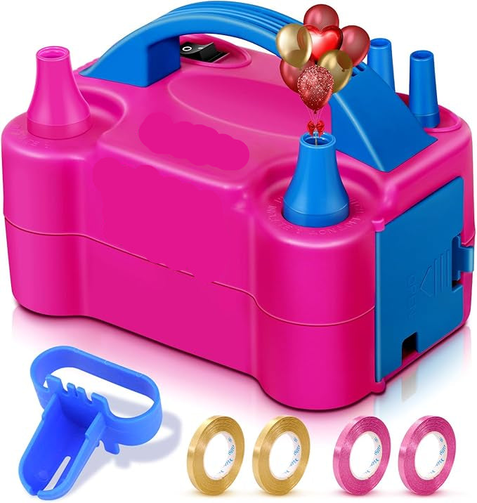 Pink and blue electric balloon pump with accessories on a white background