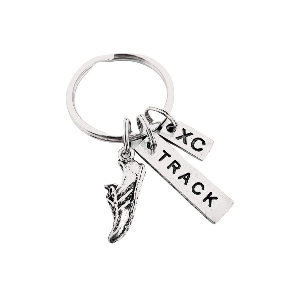 Pewter RUN TRACK XC Key Chain - Pewter Running Shoe Charm, Pewter TRACK Pendant and Pewter XC Charm on Round Key Ring - All Pewter Key