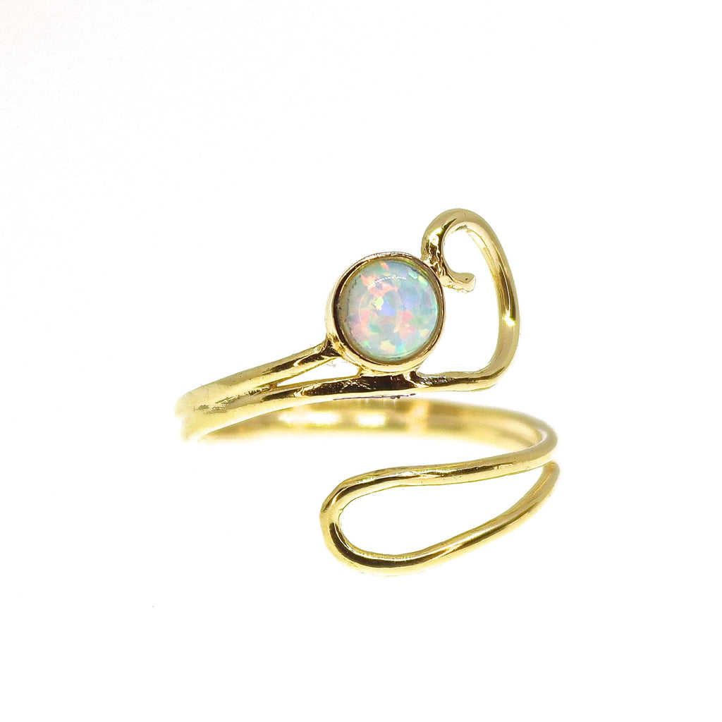 Lianie Gold Plated White Opal Open Ring, Adjustable Wrap Ring, Dainty Boho Ring for Women and Teen Girls, Gold Opal Ring Sizes 4–8