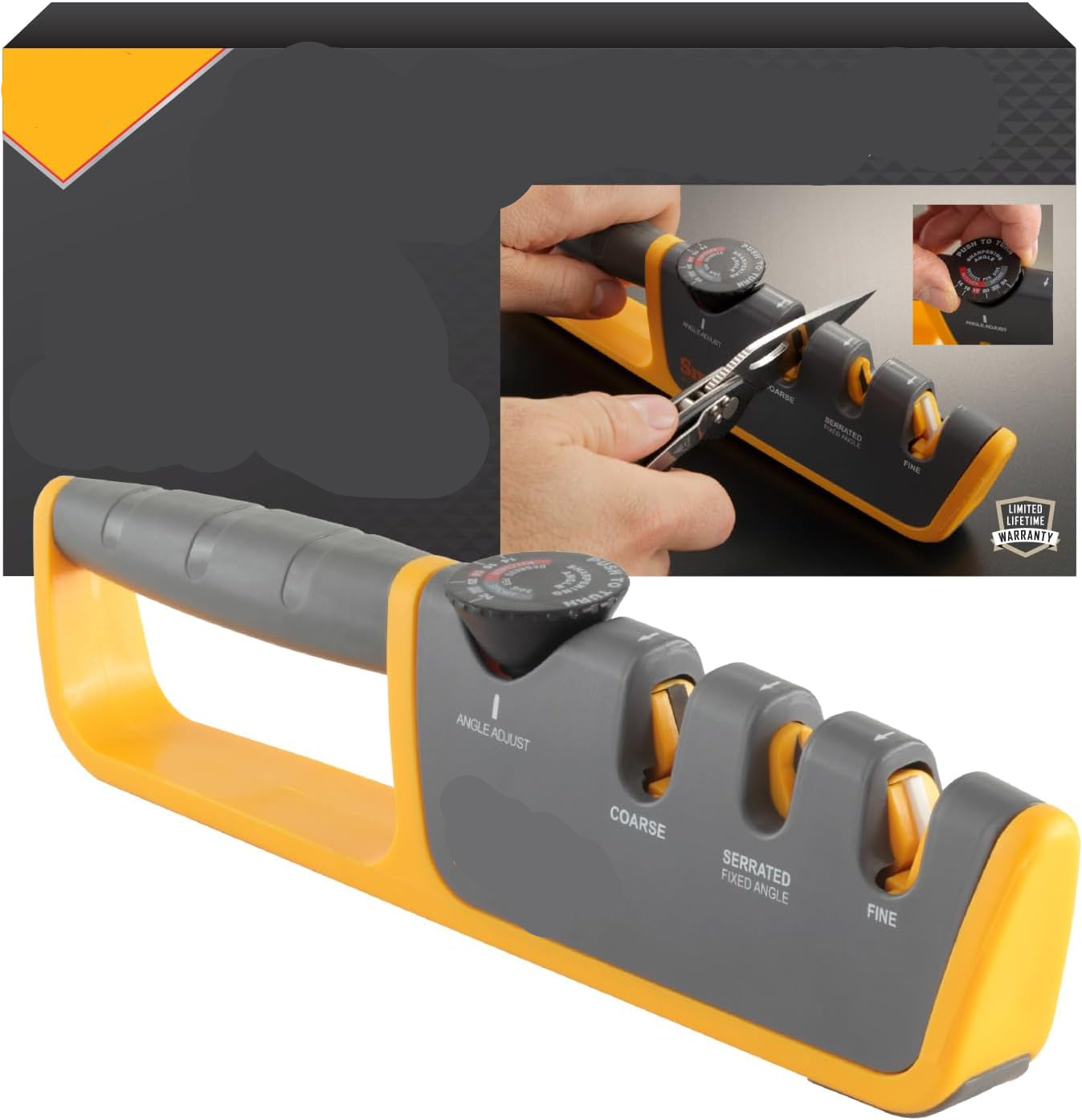 Smith's adjustable angle knife sharpener with packaging on a white background