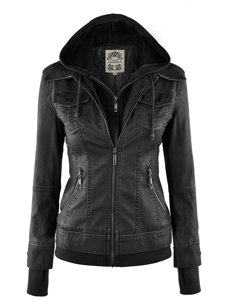 Made By Johnny Faux Leather Jacket Women Motorcycle Coat for Biker with Removable Hood