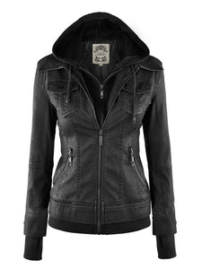 Made By Johnny Faux Leather Jacket Women Motorcycle Coat for Biker with Removable Hood