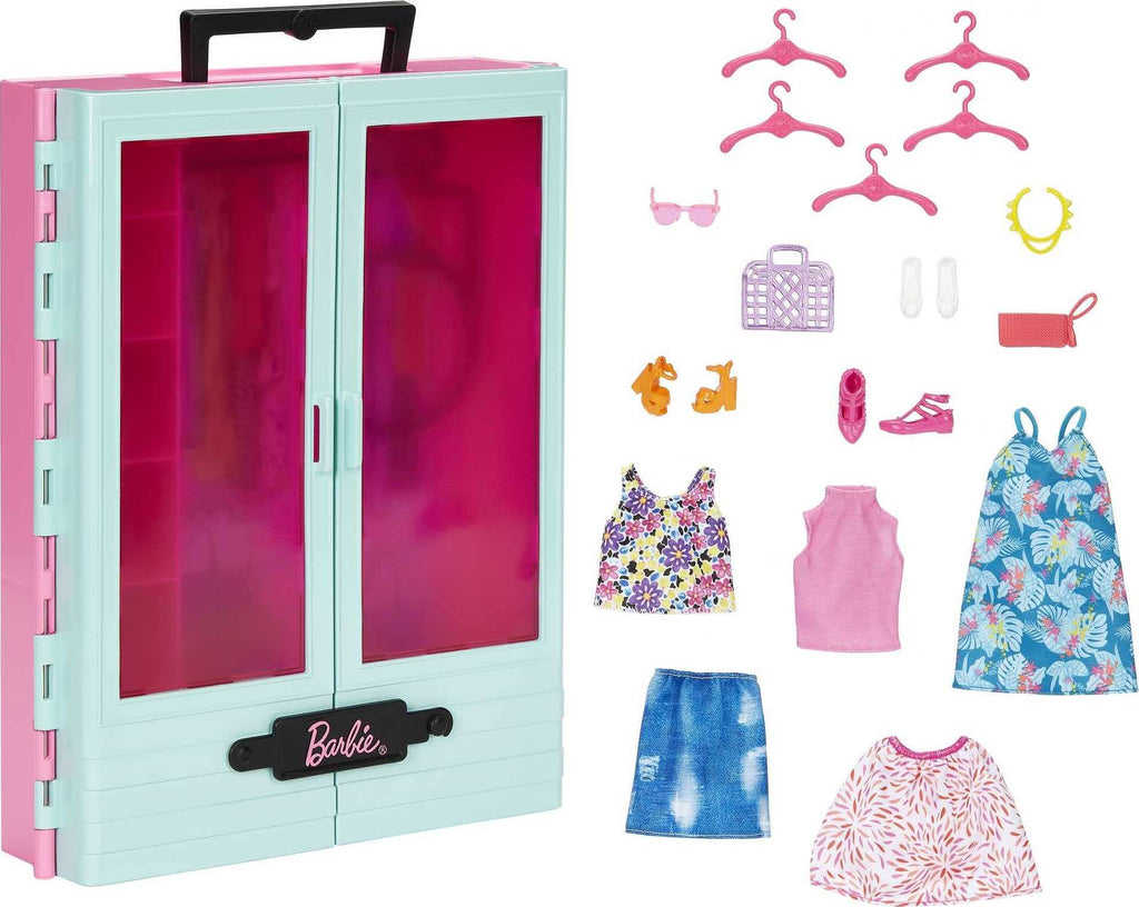 Barbie Closet Playset with 3 Outfits, 3 Pairs of Shoes, 2 Purses, Necklace and Sunglasses Accessories, 5 Hangars, Gift for 3 to 8 Years Old