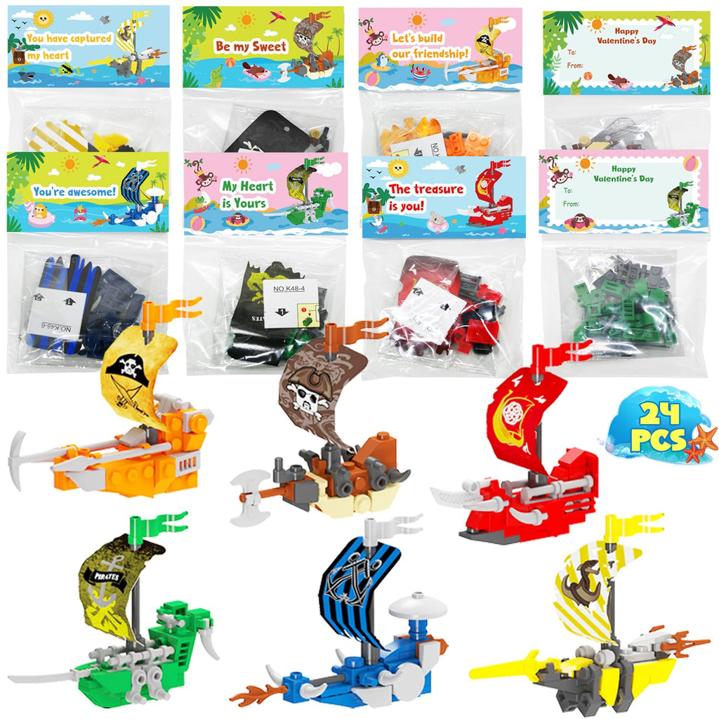 WODMAZ 24 Packs Pirate Ship Building Blocks for Kids, Mini Pirate Ship Toys Set for Birthday Party Favor Goodie Bags, Easter Eggs Empty, Valentines Classroom Exchange