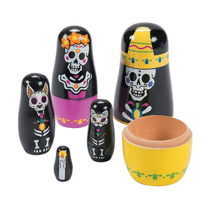 Fun Express Day of The Dead Nesting Dolls - 5 Piece Set - Great for Novelty, Dia de Los Muertos Gifts and Toys