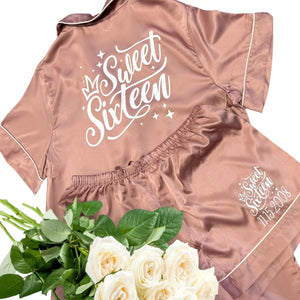Taniri Sweet Sixteen Pajamas - Personalized Pajama Set for Women - Birthday Party Monogram Satin Pajamas Set - Birthday Gifts Sweet 16 Gift for Girls Multicolors