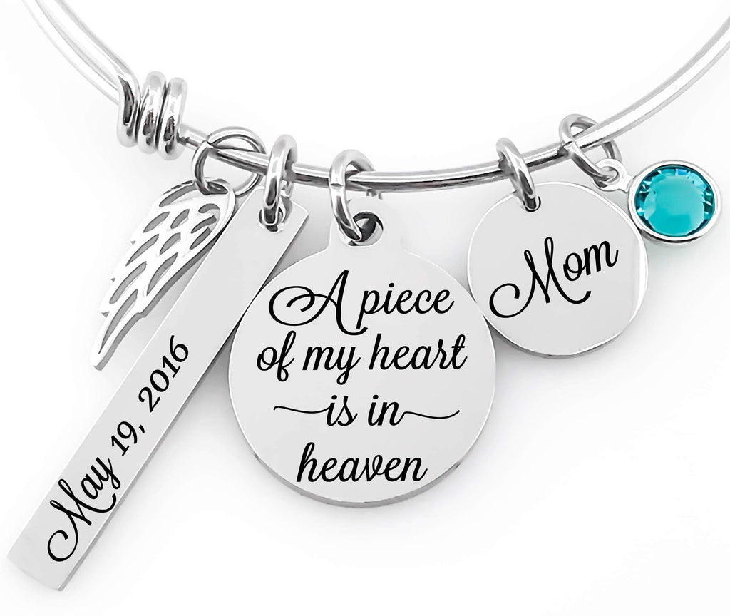 Memorial Bracelet – “A Piece of My Heart Is in Heaven” – Personalized Sympathy Bangle with Angel Wing, Name Disc, Birthstone & Date Charm – Grief Gift for Loss of Mom, Dad, Child, or Loved One