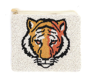 Tiger Beaded Coin Purse, Beaded Coin Pouch, Tiger Bead Purse, Tiger White Beaded Purse