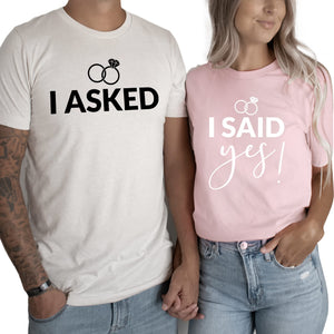 Mr Mrs I Asked I Said Yes Engaged Just Married Couples Graphic Honeymoon Unisex Shirt for Womens Tee White