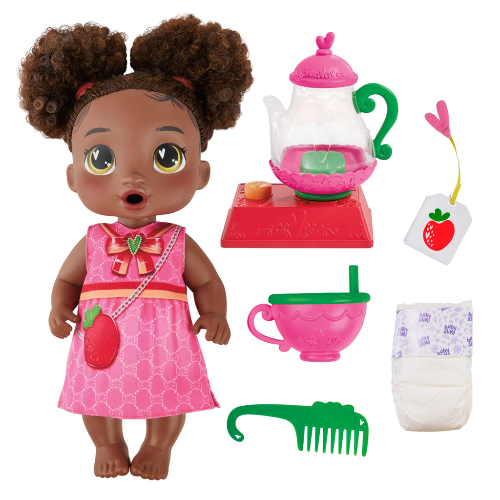 Baby Alive Bubbly Tea Party Berry Boo Doll with Teapot Accessories, Black Hair, 11 Inches, Toys for 3 Year Old Girls and Boys & Up