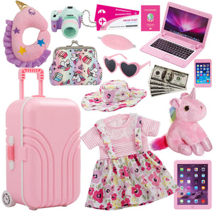 18 Inch Doll Suitcase Travel Luggage Play Accessories, Doll Clothes Accessories Carrier Storage Set, Case, Hat, Sunglasses, Camera, Pillow, Toy Pet