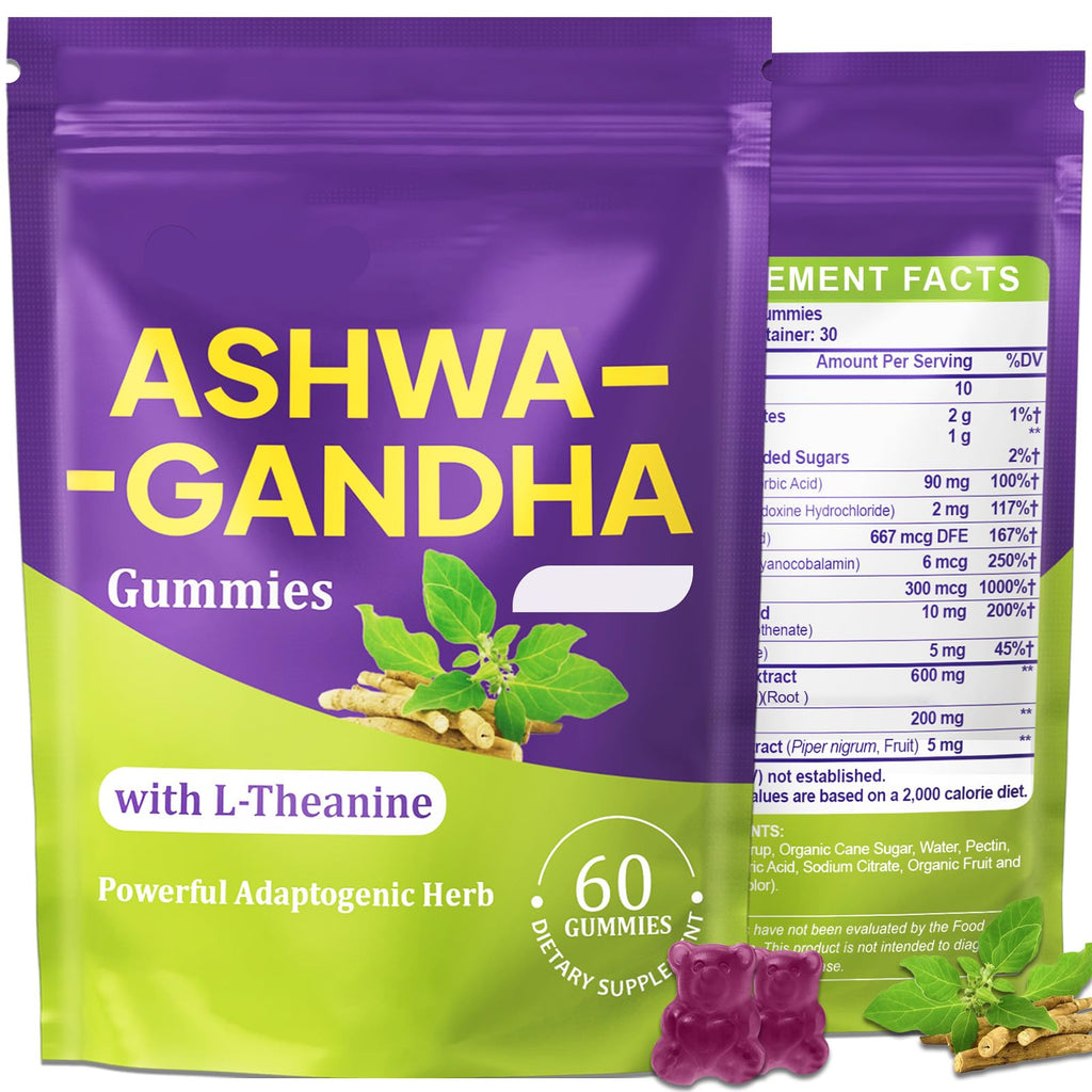 Purple and green packaging of Ashwa Gandha Gummies with Qassimkhm branding.