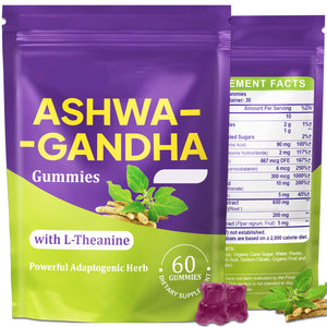 Purple and green packaging of Ashwa Gandha Gummies with Qassimkhm branding.