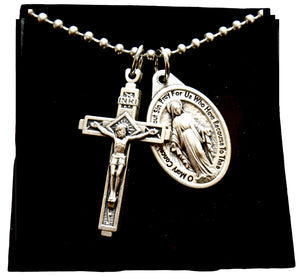 Mens Cross and Miraculous medal Necklace, 30 Inch Stainless Steel Ball Chain, Crucifix Measures 1.25"