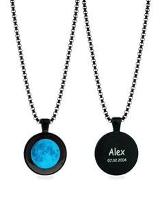 Personalized Moon Phase Necklace – Custom Glow in the Dark Black Pendant with Name or Date, Unique Gift for Baby Shower, Birthday, or Memorial, Meaningful Celestial Jewelry for Men or Women